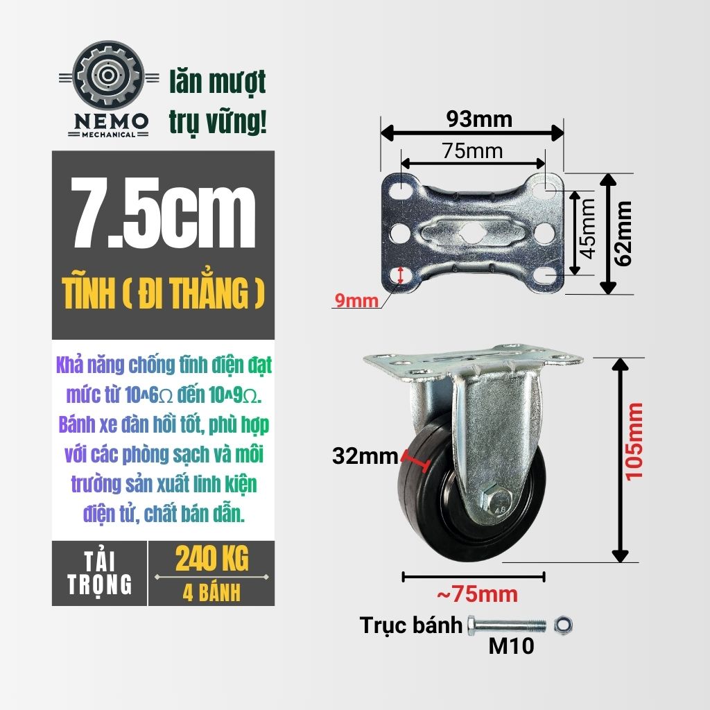 Bánh Xe Chống Tĩnh Điện ESD – Chuyên Dụng Phòng Sạch & Linh Kiện Điện Tử (D75, D100, D125)